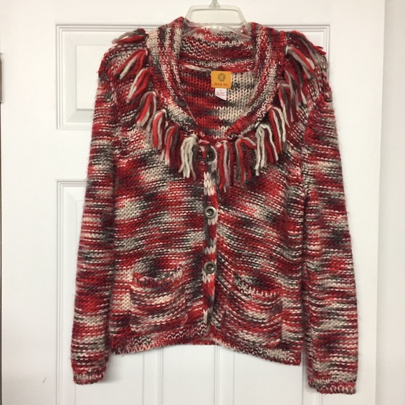 Ruby Rd. Sweaters - Ruby Rd Fringe Collar Red Marled Wool Chunky Cozy Shawl Collar Cardigan Sz S